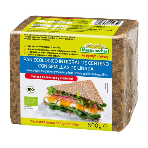 MESTEMACHER Pan ecológico integral de centeno con semillas de linaza 500 g.