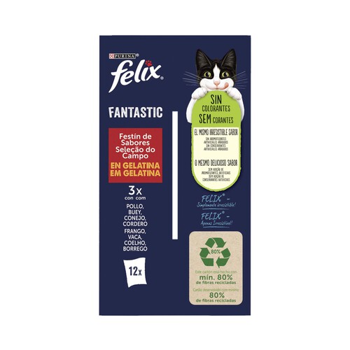 FELIX Comida para gatos adultos a base de pollo, buey, conejo y cordero en gelatina FELIX 12 uds. x 85 g.