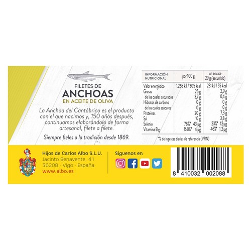 ALBO Filetes de anchoa en aceite de oliva ALBO 29 g.