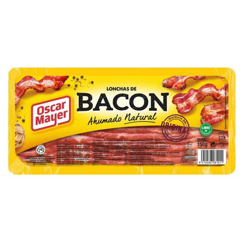 OSCAR MAYER Bacon ahumado con humo de madera de haya, sin gluten y cortado en lonchas 150 g.