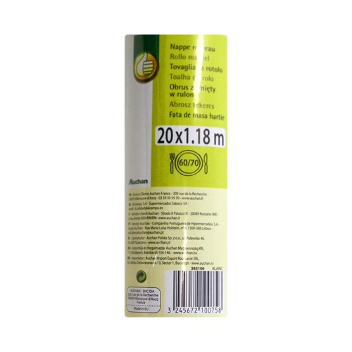 Rollo mantel blanco 1,18x20 metros PRODUCTO ECONÓMICO ALCAMPO 20 metros.