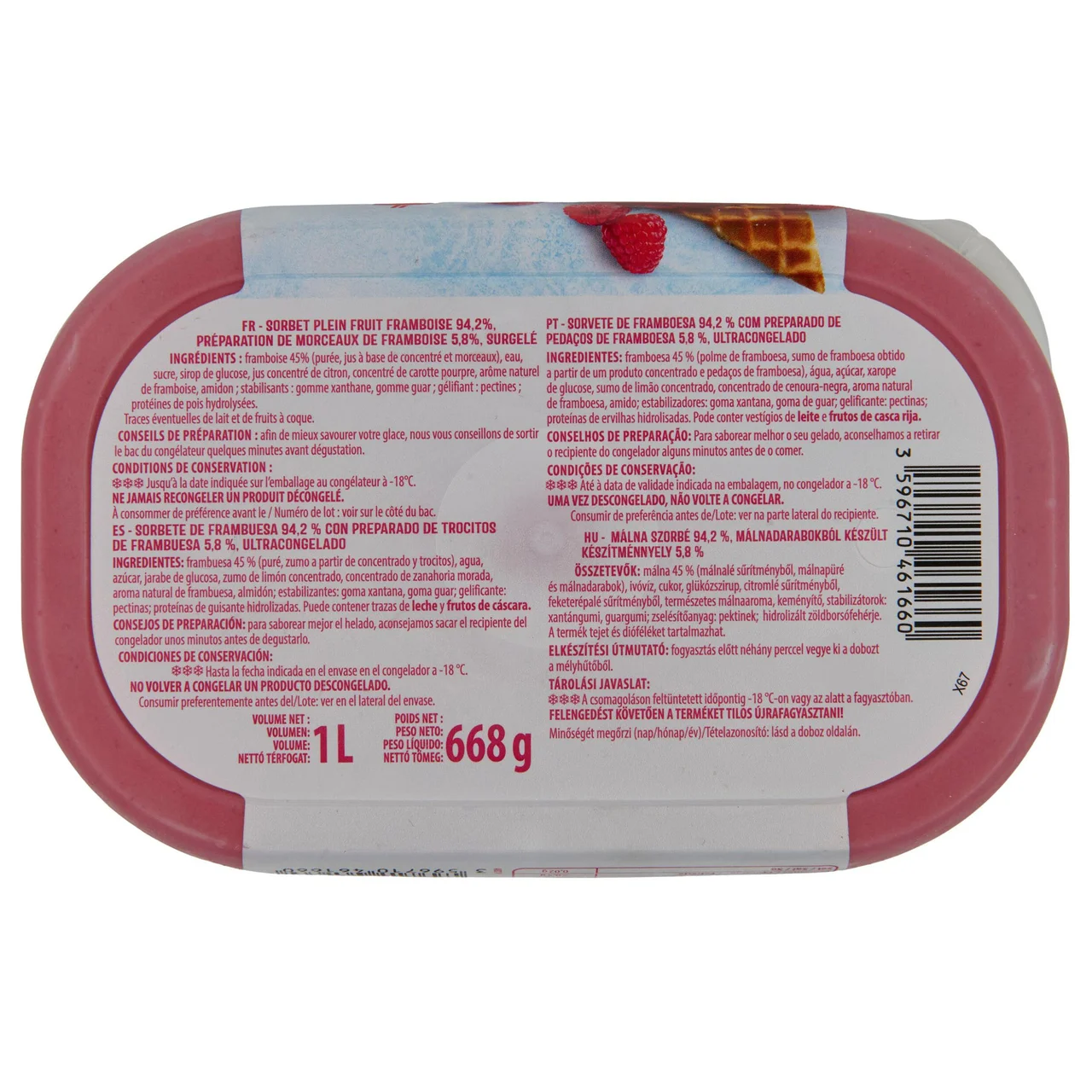 AUCHAN Tarrina de sorbete de frambuesa con trocitos de frambuesa 1 l.
