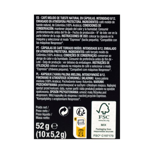 PRODUCTO ALCAMPO Café en cápsulas Colombia I8,  10 uds.