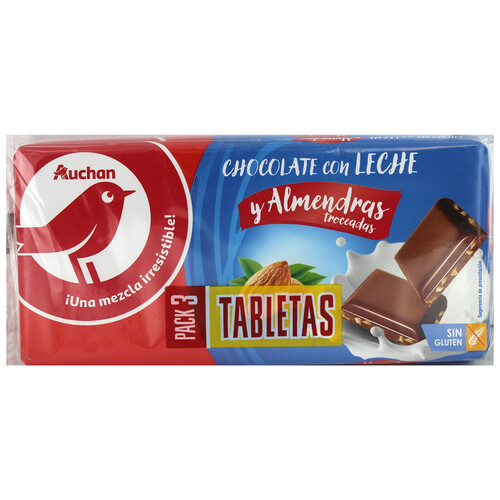 PRODUCTO ALCAMPO Tabletas de chocolate con leche y almendras troceadas 3 uds. 150 g.