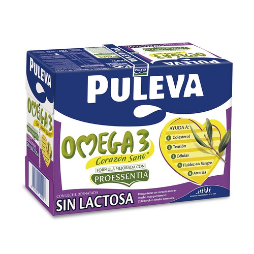 PULEVA Omega 3  Preparado lacteo desnatado, sin lactosa y enriquecido con ácido oleico y Omega 3 6 x 1l.