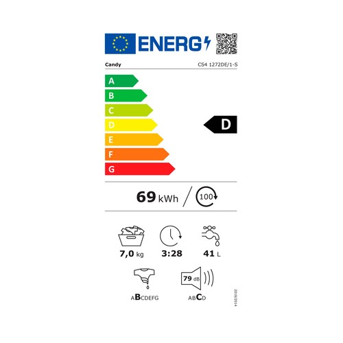 Lavadora CANDY CS4 1272DE/1-S 7KG, clasificación energética: D, 1200RPM, H: 85cm, A: 60cm, F: 45cm.