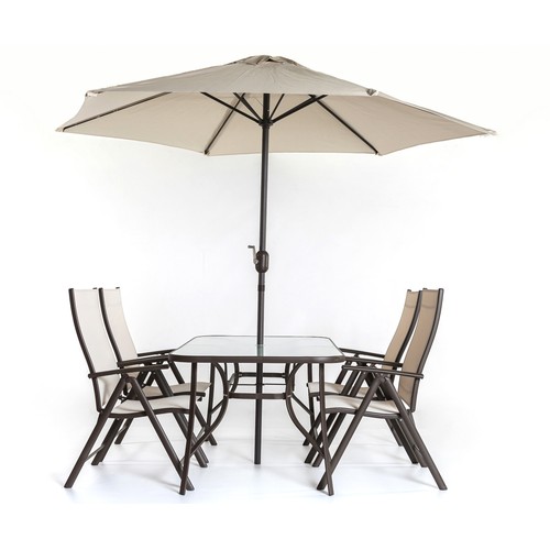 Conjunto de muebles de jardín 4 plazas con mesa, sombrilla y 4 sillas plegables, color Beige y Marrón, Mojácar IKUNIK