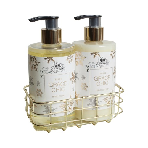 GIRL POWER Grace chic Cesta metálica con jabón líquido de manos y loción corporal, ambos con aroma a Peonia. 