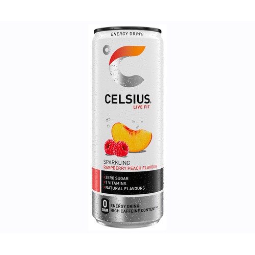 CELSIUS Bebida energética con sabor a frambuesa y melocotón lata 35,5 cl.