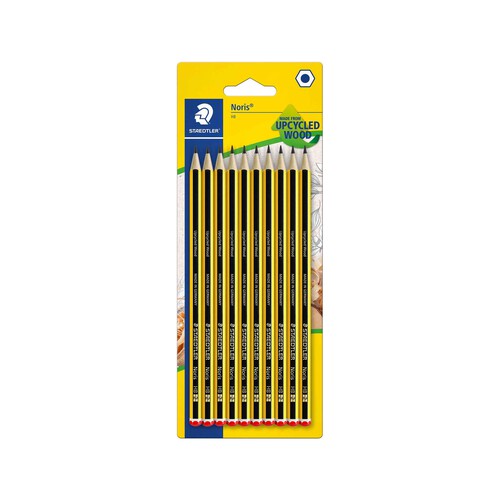 10 lápices de grafito, cuerpo color amarillo y negro del número 2 y con dureza HB STAEDTLER Noris.