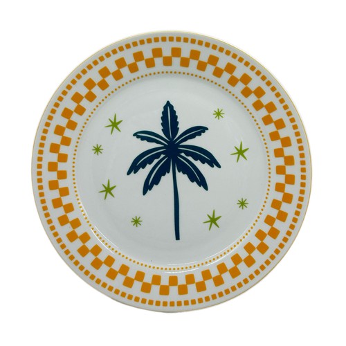 Plato postre porcelana decorado palmera. ACTUEL