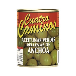 CUATRO CAMINOS Aceitunas verdes varidad Manzanilla finas, rellenas de anchoa 120 g.