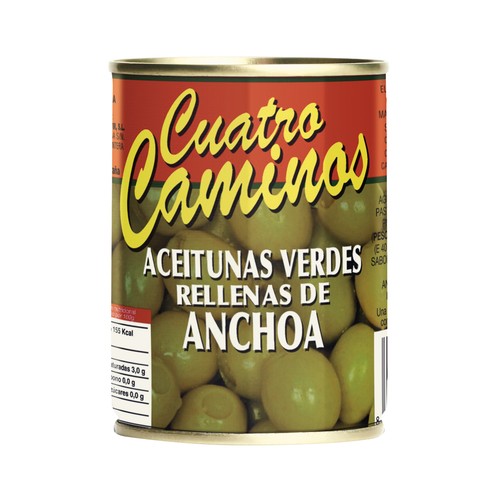 CUATRO CAMINOS Aceitunas verdes varidad Manzanilla finas, rellenas de anchoa 120 g.