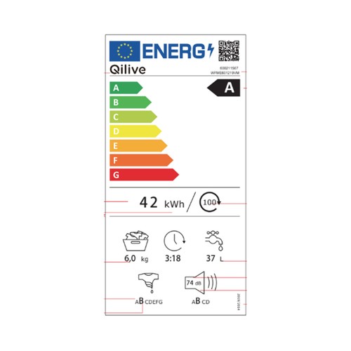 Lavadora QILIVE Q.6567 6KG, Clasificación energética: A, 1000RPM, H: 85cm, A: 60cm, F: 46cm.