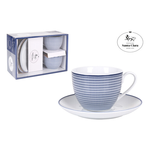 Set de 2 tazas de porcelana con plato, diseño geométrico color blanco y azul, 0,2 litros, Diana SANTA CALARA.