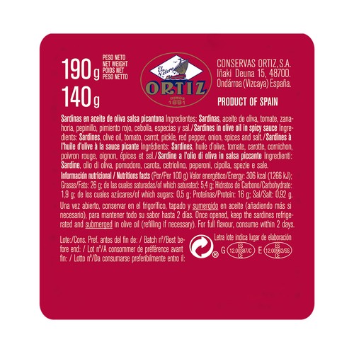 ORTIZ Sardinas a la antigua, en aceite de oliva, picantonas 140 g.