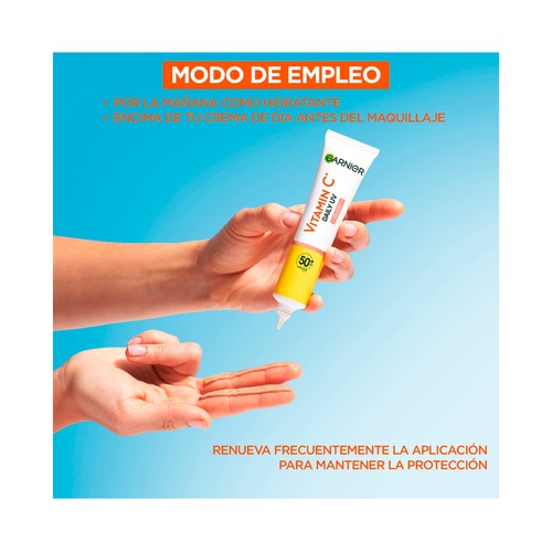 GARNIER Skin active Fluido diario iluminador con vitamina C y FPS 50+ 50 ml.