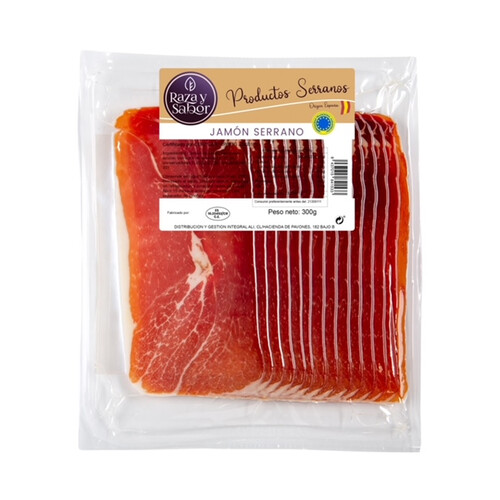 Jamón serrano, cortado en lonchas y envasado al vacio RAZA Y SABOR 300 g.