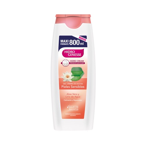 HIDRO GENESSE Gel de baño o ducha con textura crema, con aloe vera y lirio de agua, ideal para pieles sensibles 800 ml.