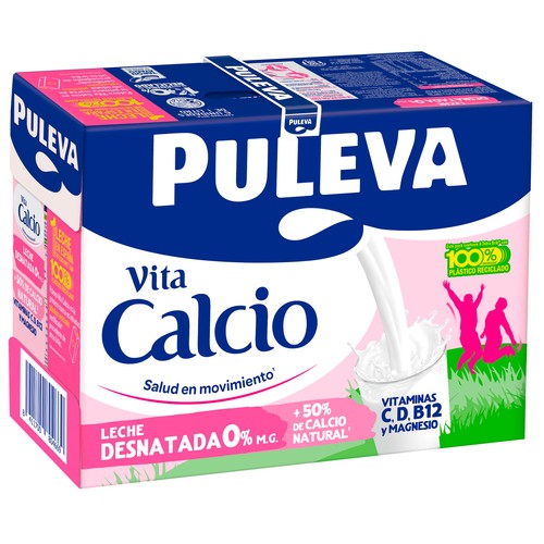 PULEVA Leche desnatada (0% materia grasa) de vaca, con un 50% más de calcio natural  Vita calcio 6 x 1l.