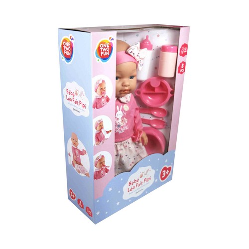 Muñeco Bebe 43 Cm Come y Hace Pipi Rosa ONE TWO FUN ALCAMPO