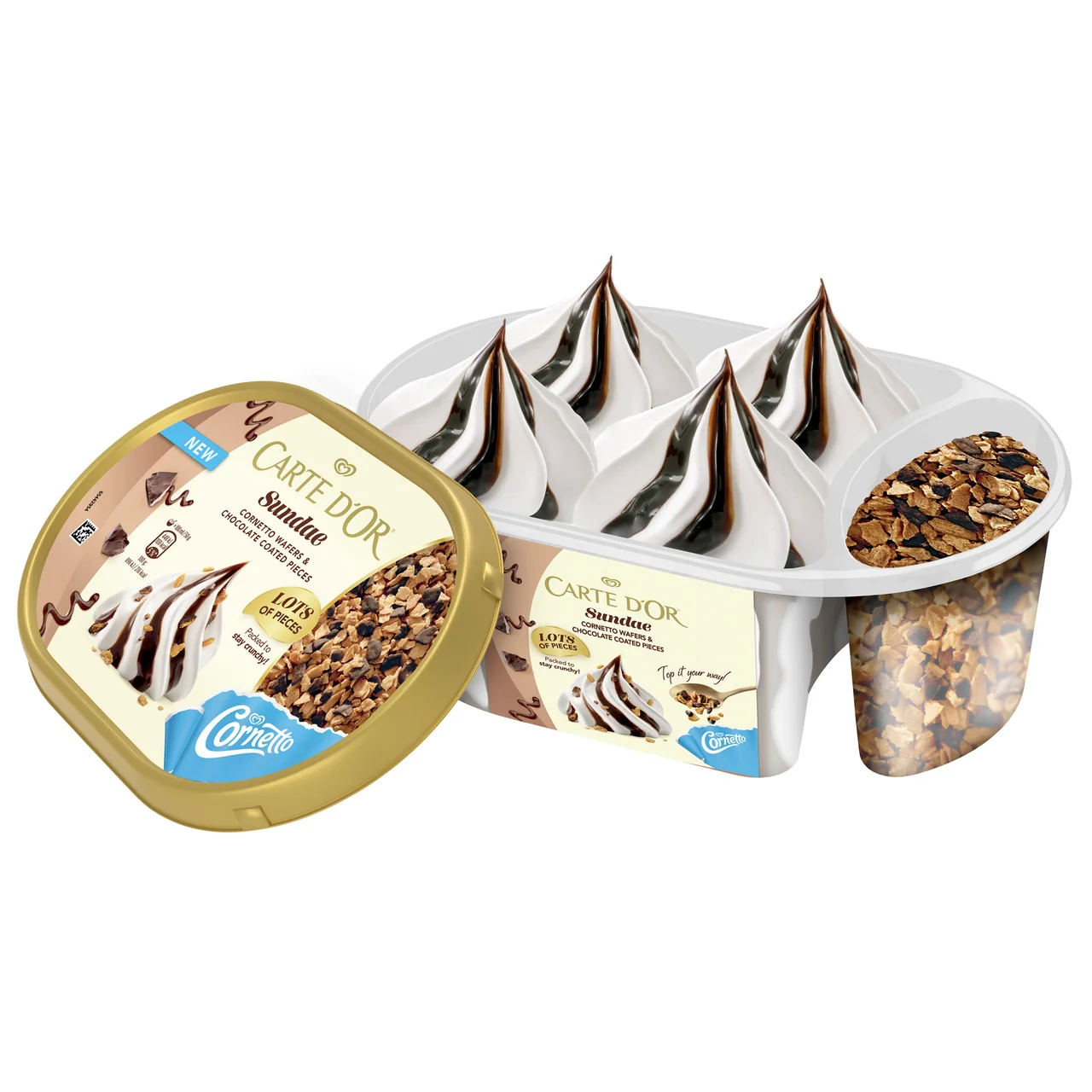Cornetto Tarrina de helado de vainilla con salsa de chocolate y trocitos de barquillo 750 ml.
