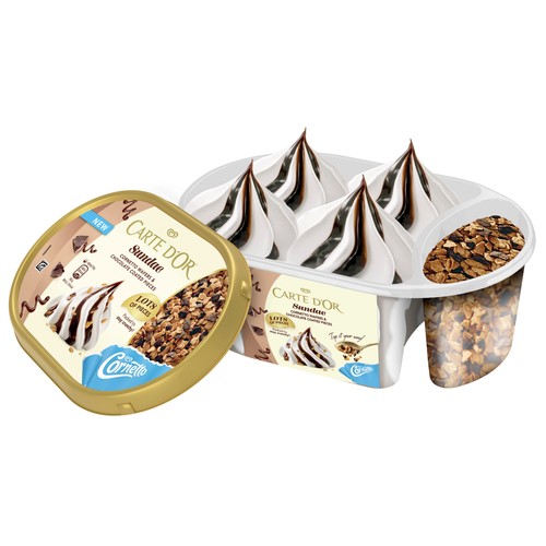 CARTE D'OR Cornetto Tarrina de helado de vainilla con salsa de chocolate y trocitos de barquillo 750 ml.