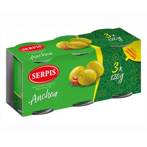 SERPIS Aceitunas verdes rellenas de anchoa 3 x 120 g.