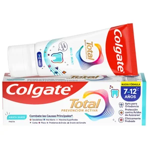 COLGATE Total prevención activa Pasta de dientes para niños de 7 a 12 años, con sabor a menta suave 50 ml.
