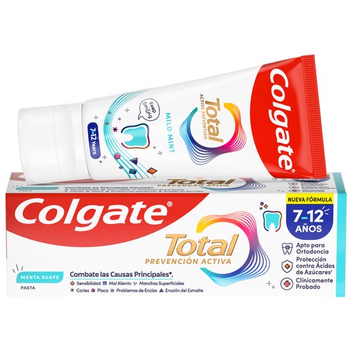 COLGATE Total prevención activa Pasta de dientes para niños de 7 a 12 años, con sabor a menta suave 50 ml.