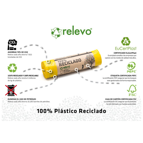 RELEVO Bolsa basura 100 % reciclada amarilla RELEVO 30 l. 15 uds.