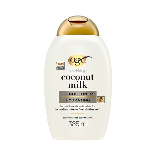 OGX Acondicionador hidratante con leche y aceite de coco y proteína de leche hidrolizada, para cabellos secos 385 ml.