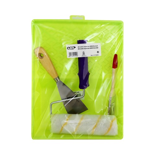 Kit para pintar que se compone de cubeta, espátula, rodillo y brocha ECO.