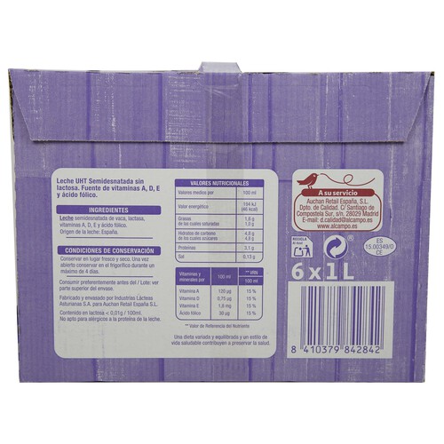PRODUCTO ALCAMPO Leche semidesnatada de vaca, sin lactosa PRODUCTO ALCAMPO 6 x 1l.