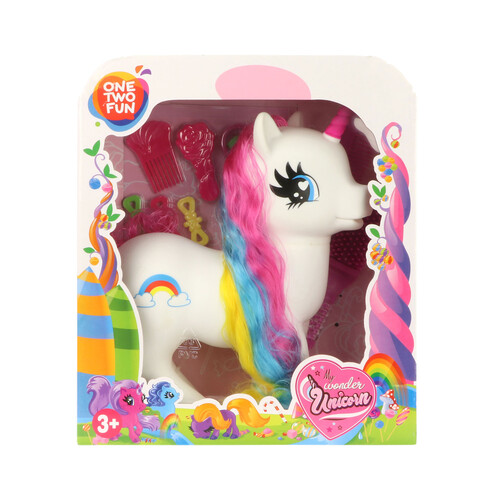 Mi fantástico unicornio Rainbow con accesorios para el pelo, ONE TWO FUN ALCAMPO.