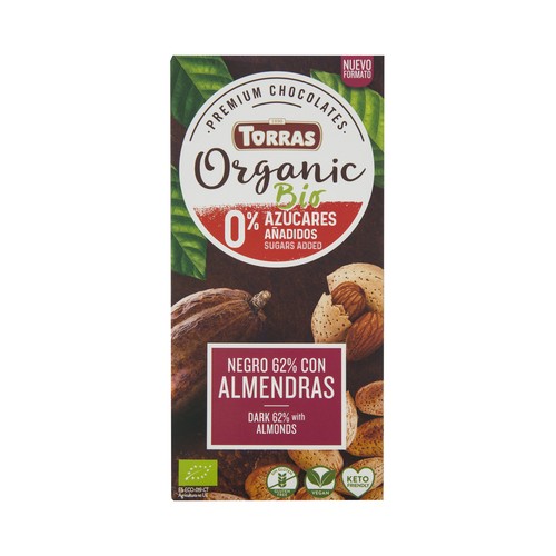 TORRES Bio Chocolate negro (62% cacao) ecológico con edulcorantes y almendras 100 g.