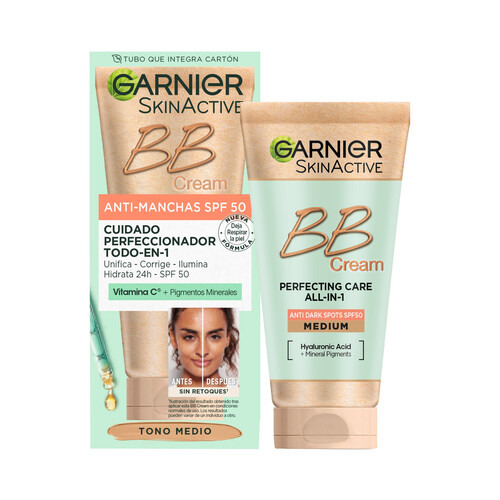 GARNIER Skin active BB cream Crema hidratante y anti manchas con FPS 50 (muy alto) y tono medio 50 ml.