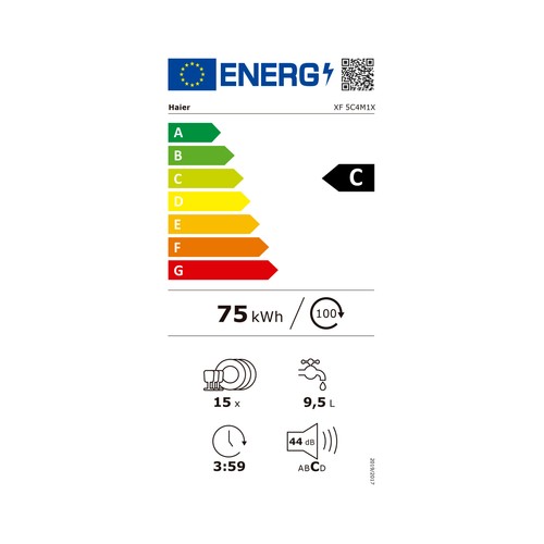 Lavavajillas HAIER XF 5C4M1, Inox, 15 servicios, clasificación energética C, H: 85cm, A: 59,7cm, F: 59,8cm.