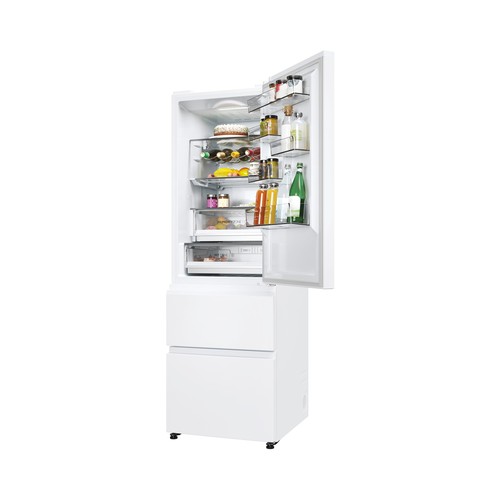 Frigorífico combi 185cm HAIER HTW5618ENPW, color blanco, No Frost, clasificación energética: E, H: 185cm, A: 59,5cm, F: 66,7cm, capacidad total: 360L.