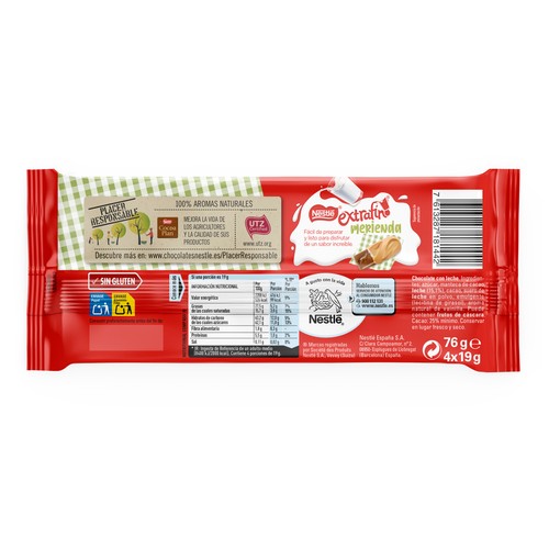 NESTLÉ Extrafino Chocolatinas merienda, chocolate con leche 4 uds. 19 g.