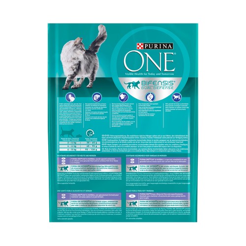PURINA ONE Pienso rico en pollo y cereales integrales tratamiento bolas de pelo saco 1,5 kg.