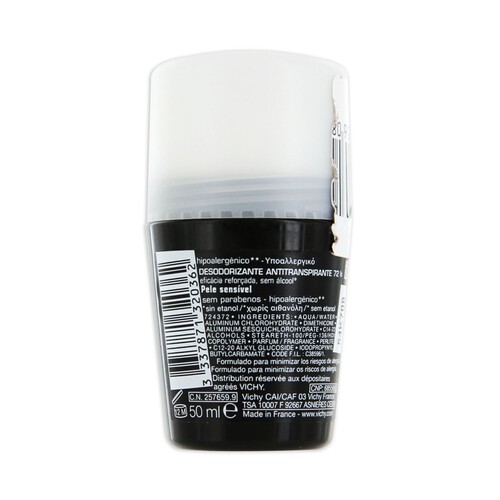 VICHY Desodorante roll on antitranspirante 72 horas,eficacia reforzada, sin alcohol VICHY HOMME 50 ml.