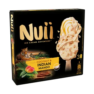 NUII Bombón de helado de coco y mango de la India, recubierto de chocolate blanco 3 x 90 ml.