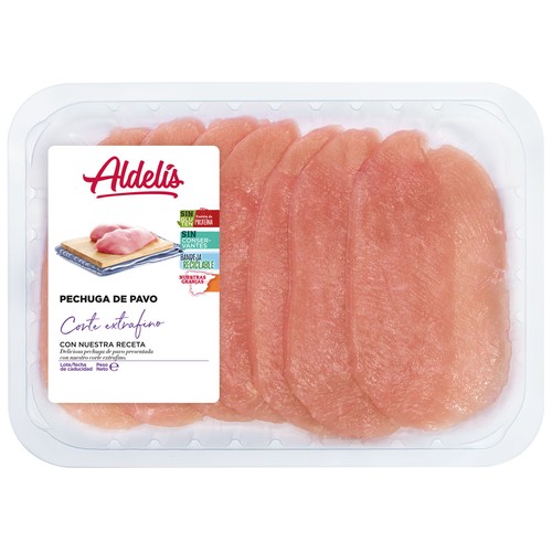 Bandeja con tierna y jugosa pechuga de pavo en filetes con corte extra fino ALDELÍS