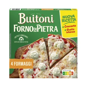 BUITONI Forno di pietra Pizza 4 quesos (Emmental, Mozarella, curado y azul), con masa fina y crujiente 350 g.