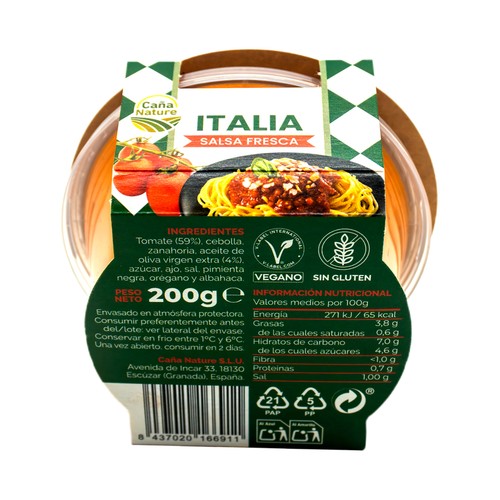 CAÑA NATURE Gastromundo Salsa fresca Italia, ideal para pastas 200 g.