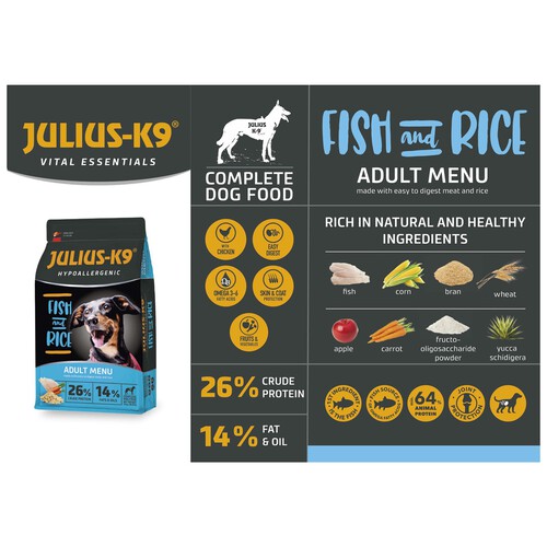 JULIUS K9 Pienso hipoalergénico para perros adultos de pescado y arroz, JULIUS-K9 saco 3 kg.