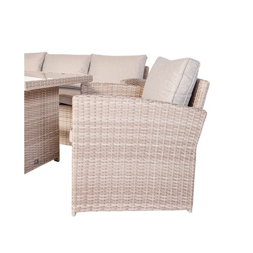 Conjunto muebles de jardín 7 plazas con mesa, sillones y pufs de acero y ratán color marrón/gris, Canadá KACTUS REPUBLIC.