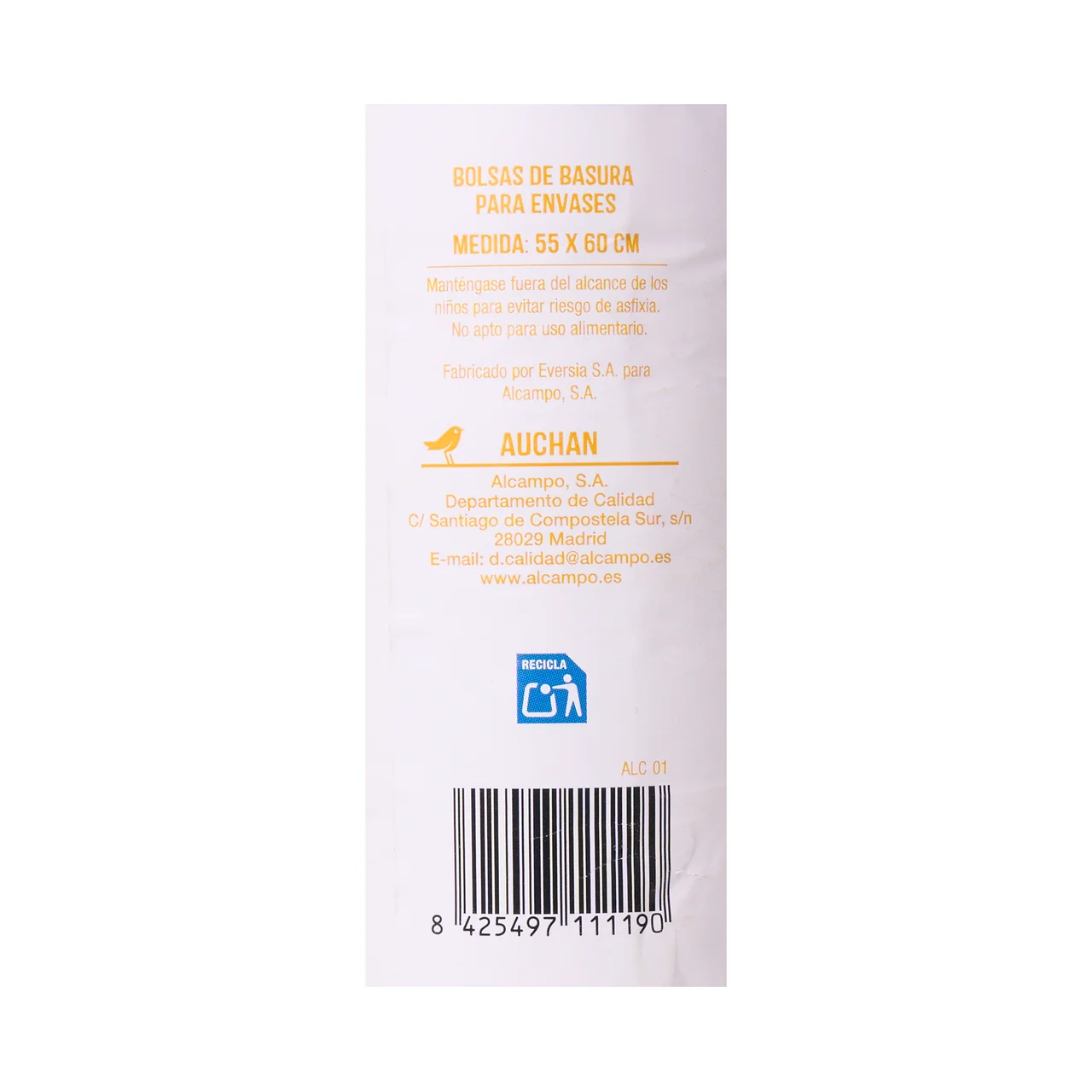 PRODUCTO ALCAMPO Bolsas de basura amarilla con autocierre capacidad 30 litros 55 x 60 cm. 30 uds.