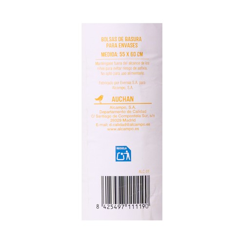 PRODUCTO ALCAMPO Bolsas de basura amarilla con autocierre capacidad 30 litros 55 x 60 cm. 30 uds.